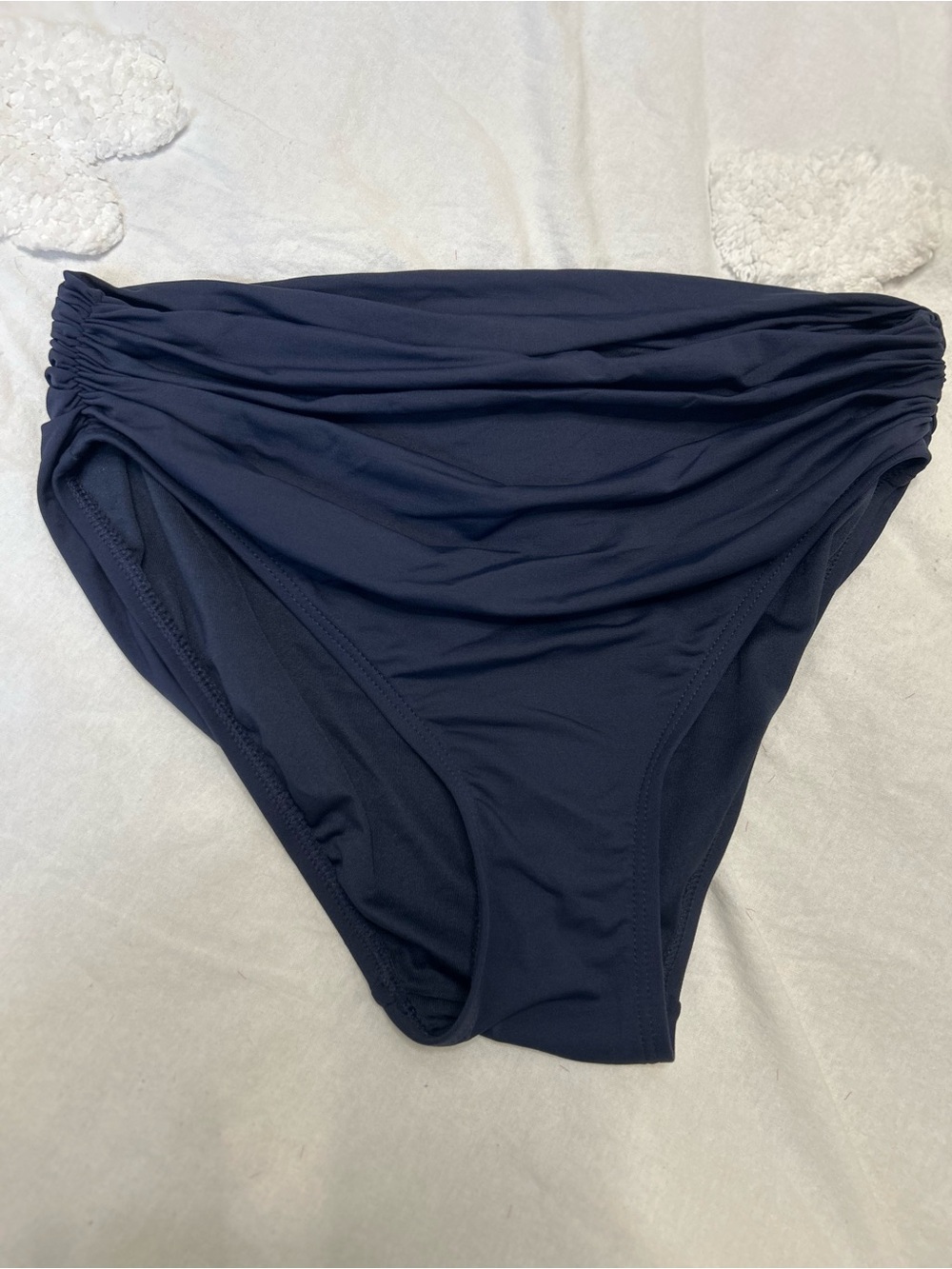 Carmen Marc Valvo Navy Ruched High-Waist Bikini Bottom